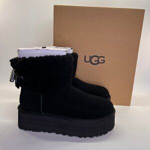UGG Classic Mini Maxi Curly Platform Boot Size 8 Black Sheepskin Bow Ankle